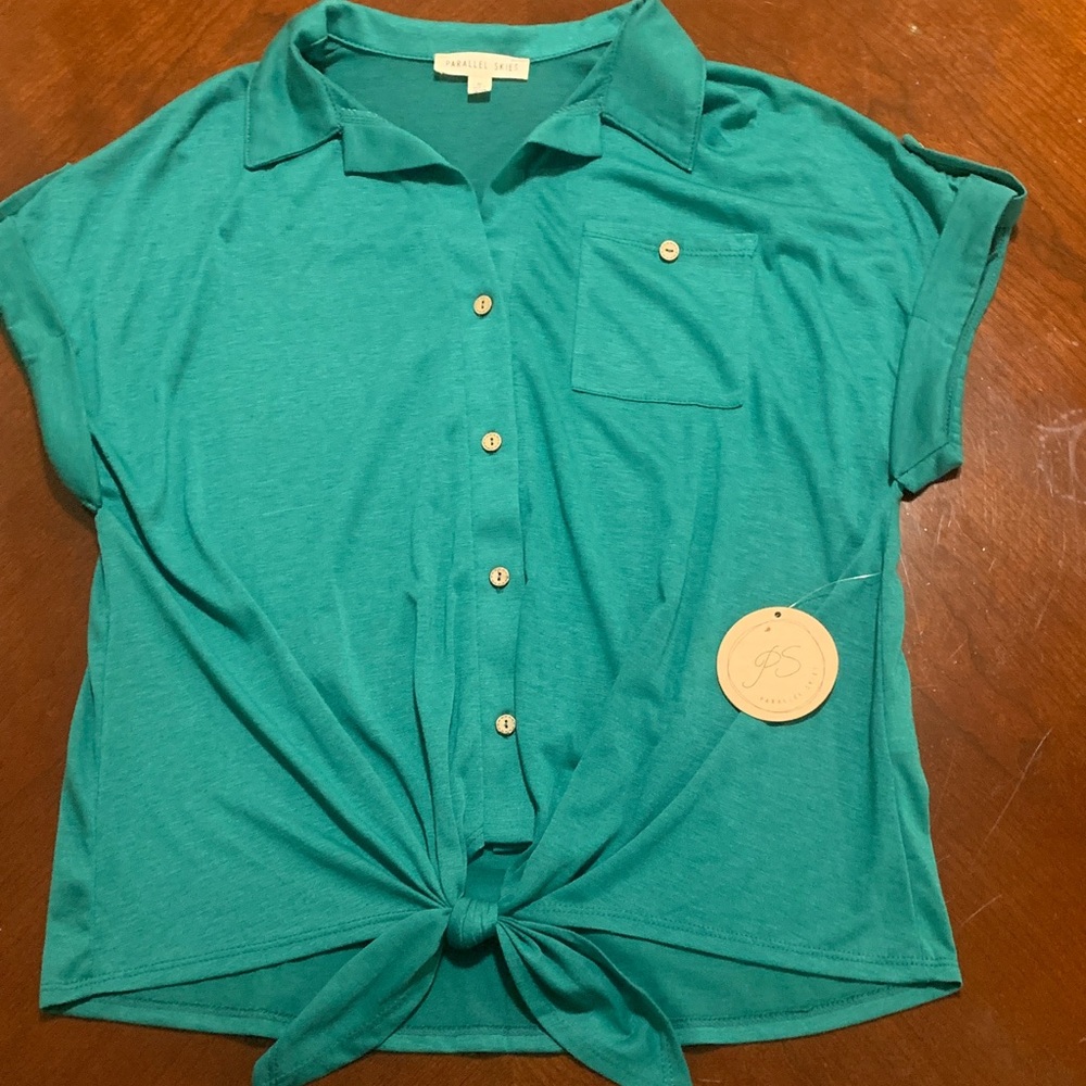 Teal Tie-Front Button Tab Sleeve Top
